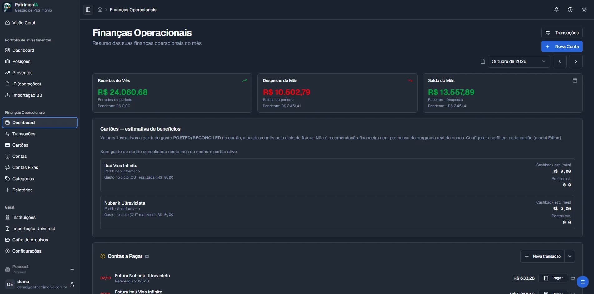 Tela do PatrimonIA no computador: Finanças Operacionais